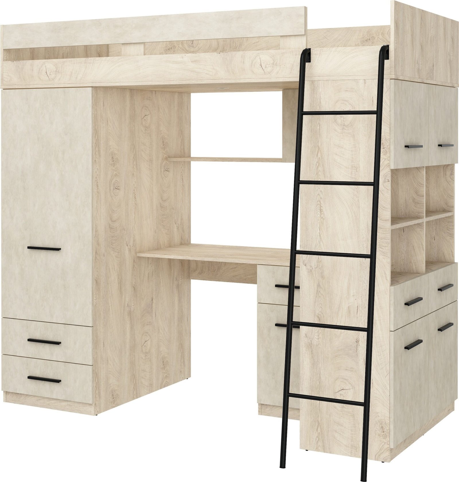 VELVE P bunk bed with mezzanine and desk, wardrobe, chest of drawers, engraved oak, almond color