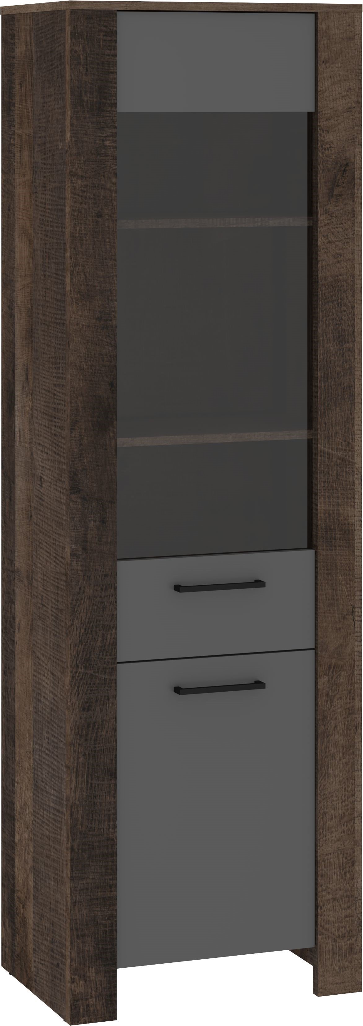 SLIDE 15 furniture, tall, narrow display cabinet for living room, Grange oak, graphite