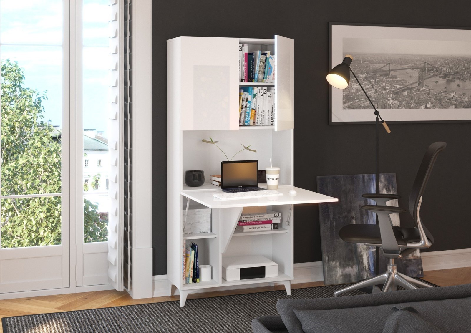 MEGAN furniture 1 shelf + table white / white glossy - Image 2