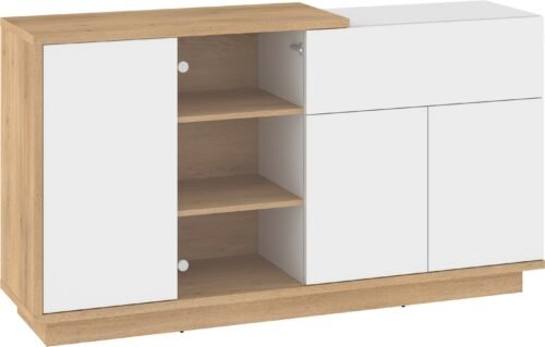 HYBRID 08 furniture display cabinet with drawer for living room, cremona oak, white glossy colorHYBRID