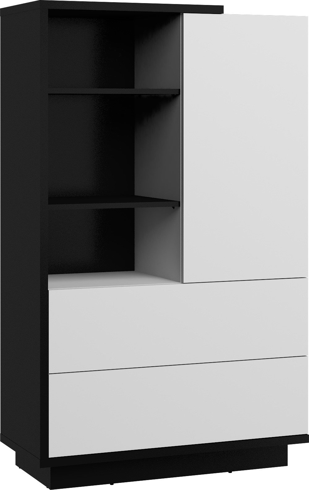 HYBRID 17 low furniture shelf with drawers and shelves, black and white, glossyHYBRID