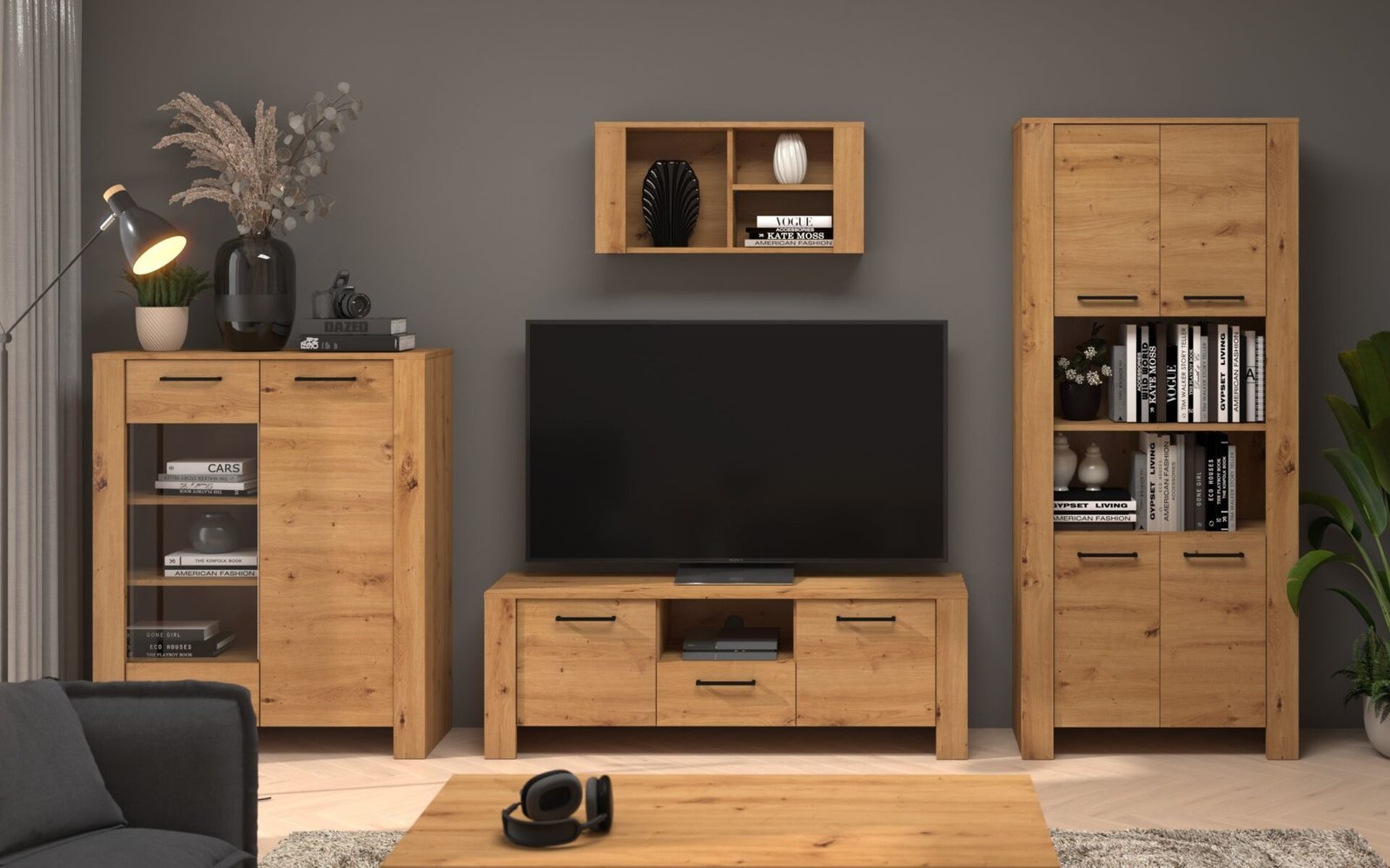 SLIDE furniture #1 display case set, TV cabinet, shelf, oak