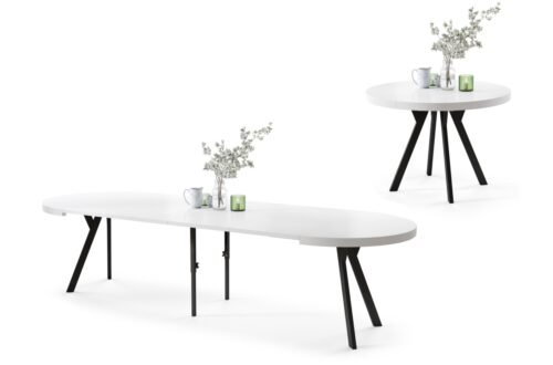 VITO matt white/black legs – LARGE ROUND TABLE Ø110, EXTENDABLE UP TO 310 CM WITH Y-SHAPED LEGS, PALM/INDUSTRIAL STYLE