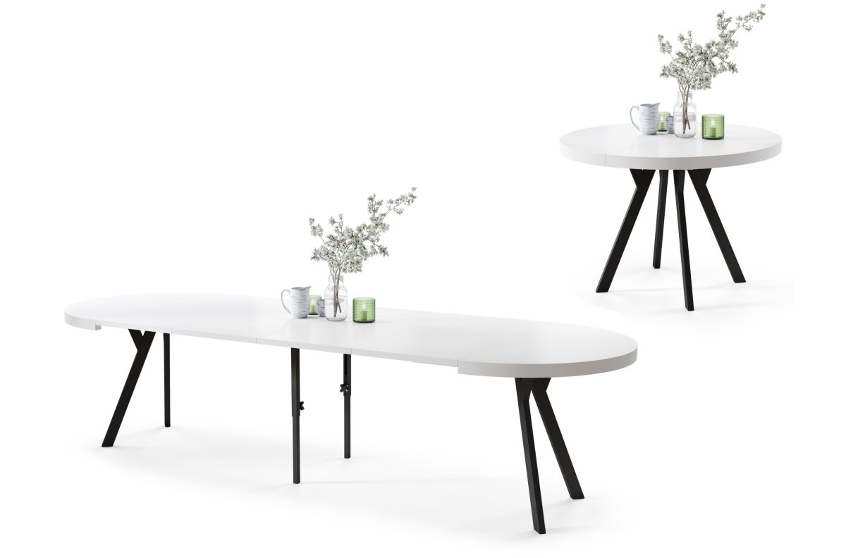 VITO matt white/black legs - LARGE ROUND TABLE Ø110, EXTENDABLE UP TO 310 CM WITH Y-SHAPED LEGS, PALM/INDUSTRIAL STYLE