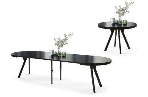 VITO matt black/black legs – LARGE ROUND TABLE Ø110, EXTENDABLE UP TO 310 CM WITH Y-SHAPED LEGS, PALM/INDUSTRIAL STYLE