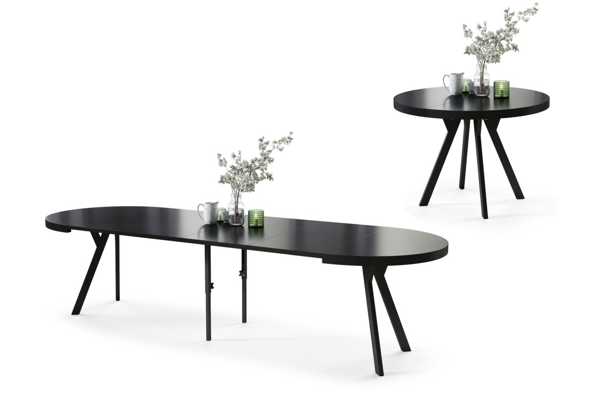 VITO matt black/black legs - LARGE ROUND TABLE Ø110, EXTENDABLE UP TO 310 CM WITH Y-SHAPED LEGS, PALM/INDUSTRIAL STYLE