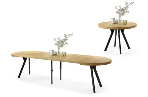 VITO American oak/black legs – LARGE ROUND TABLE Ø110, EXTENDABLE UP TO 310 CM WITH Y-SHAPED LEGS, PALM/INDUSTRIAL STYLE