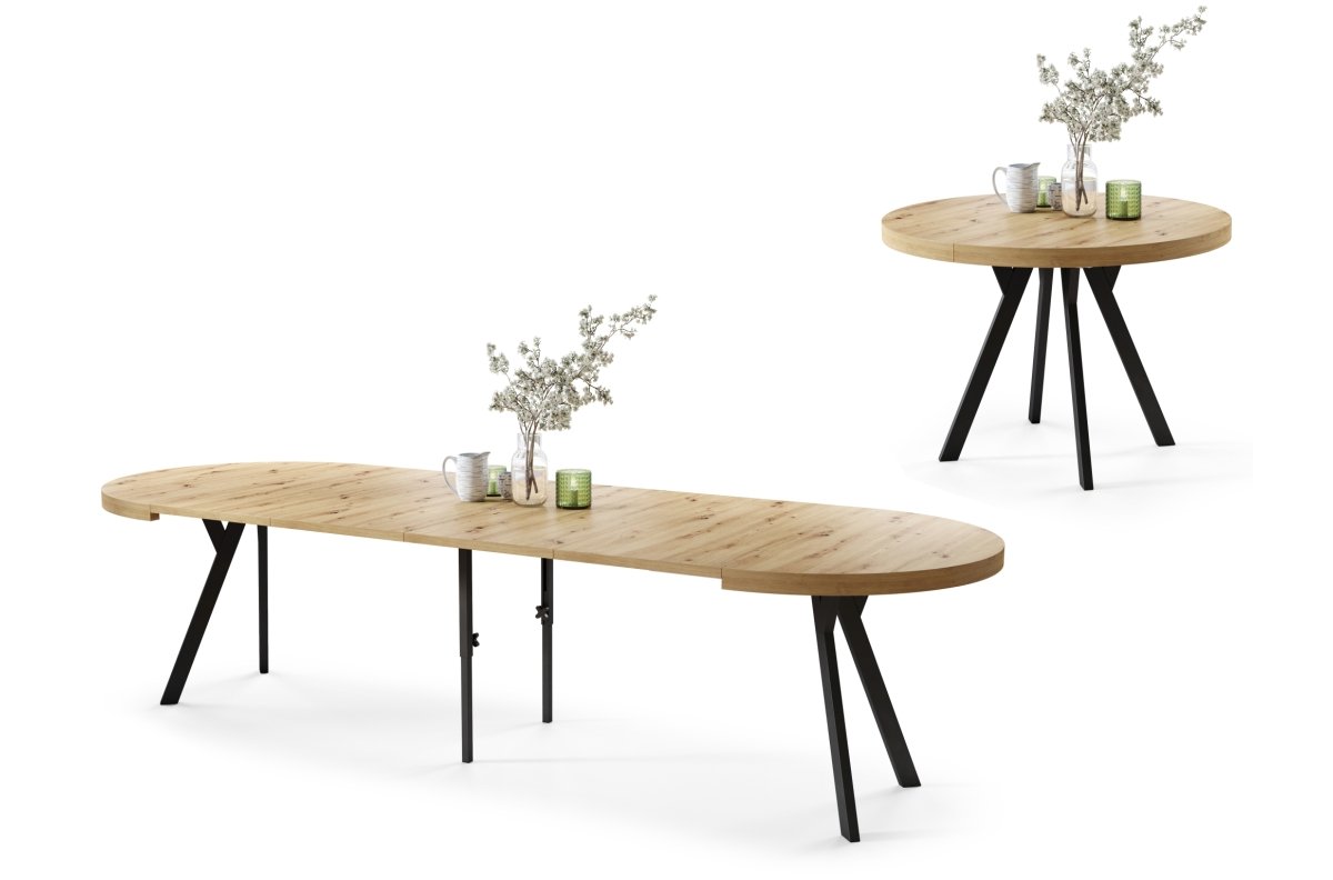 VITO Artisan oak/black legs - LARGE ROUND TABLE Ø110, EXTENDABLE TO 310 CM WITH Y-SHAPED LEGS, PALM/INDUSTRIAL STYLE