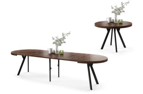 VITO brown oak/black legs – LARGE ROUND TABLE Ø110, EXTENDABLE UP TO 310 CM WITH Y-SHAPED LEGS, PALM/INDUSTRIAL STYLE
