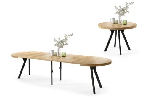 VITO Gold Craft oak/black legs – LARGE ROUND TABLE Ø110, EXTENDABLE UP TO 310 CM WITH Y-SHAPED LEGS, PALM/INDUSTRIAL STYLE
