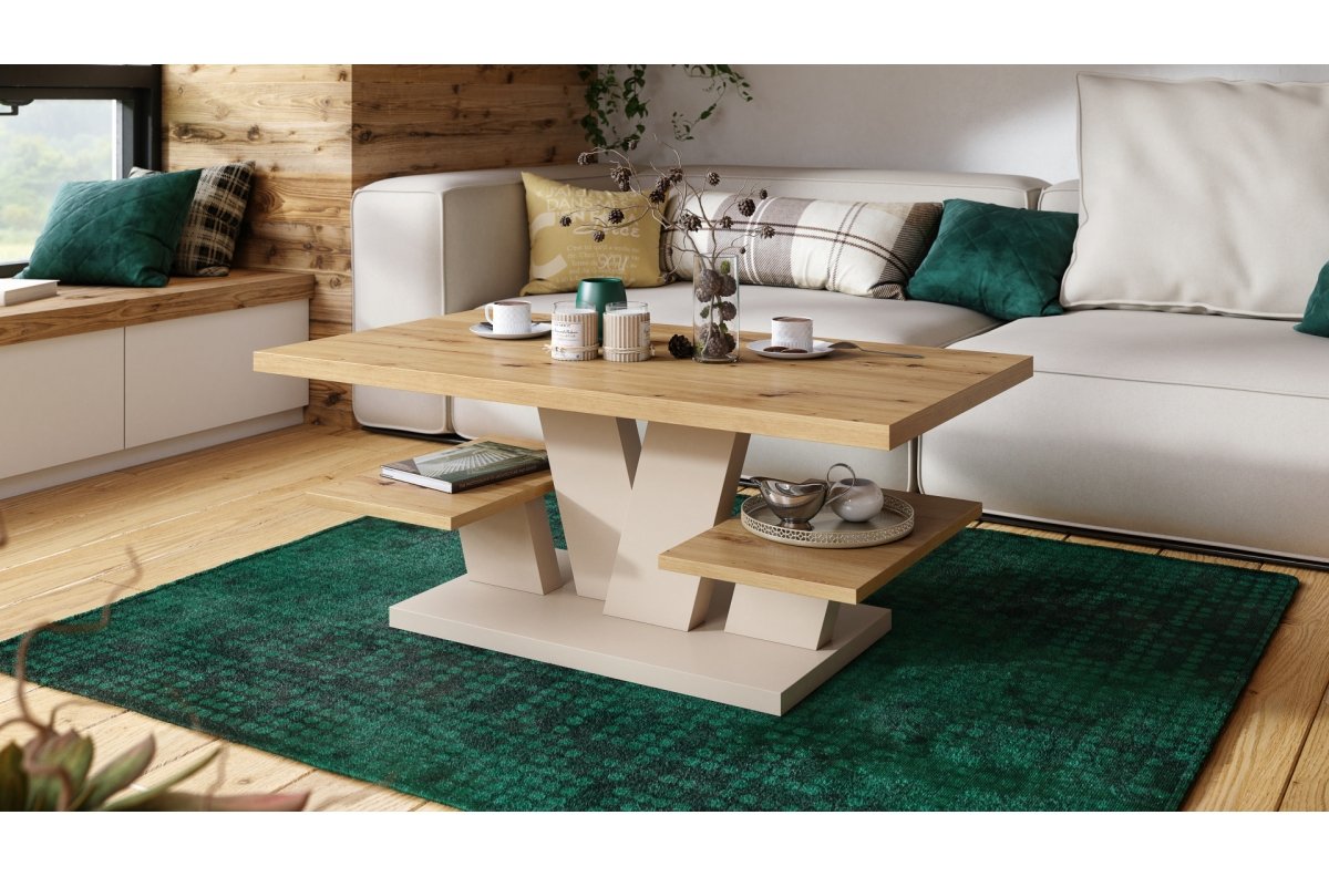VIVA MAT Artisan Oak/Beige (Champagne) - MODERN COFFEE TABLE WITH SHELVES - Image 2