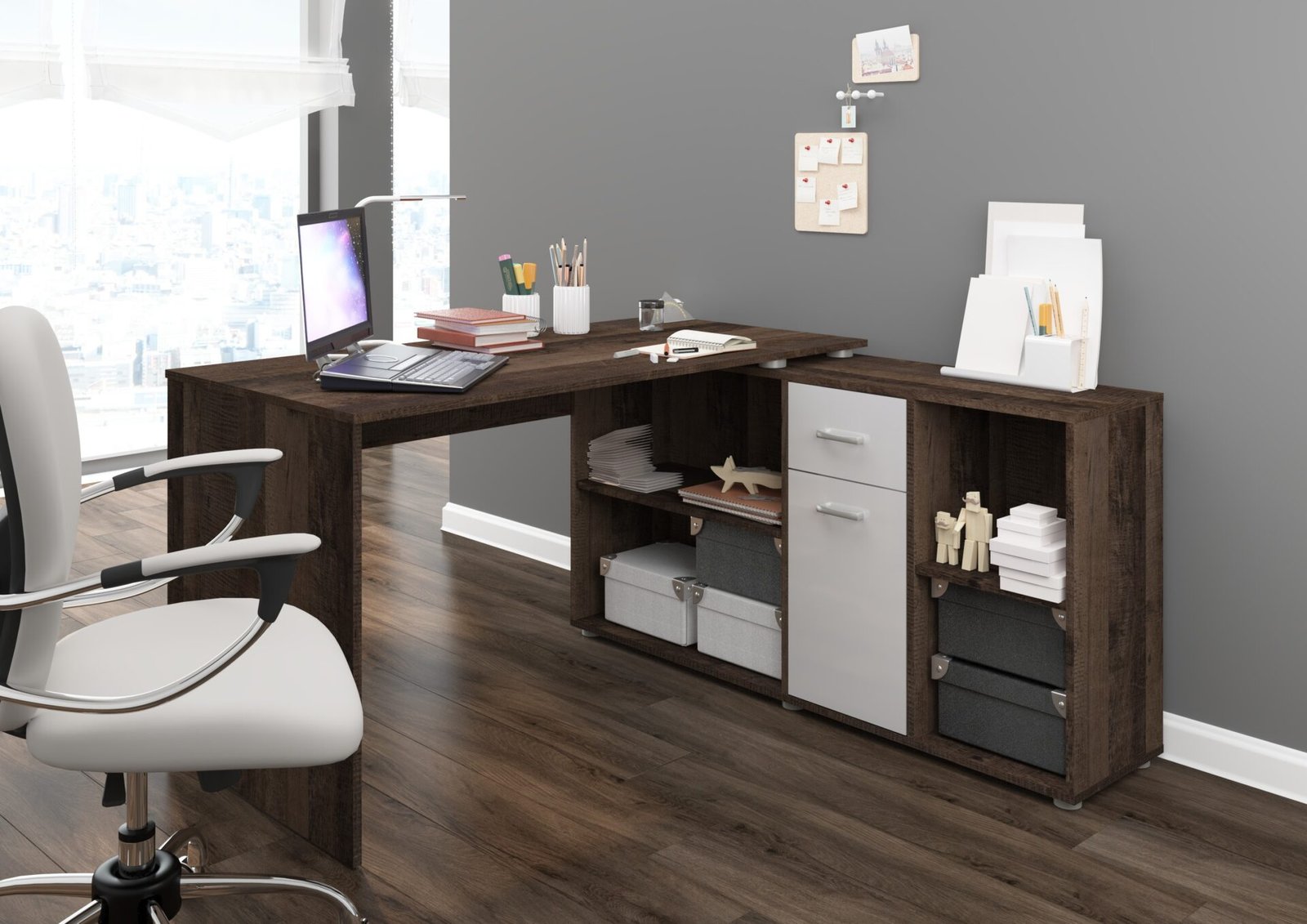 BEAT P corner table, simple, height-adjustable, gaming table, oak, granite color, glossy white - Image 2