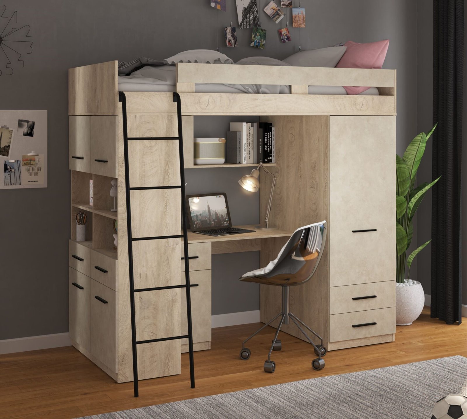VELVE L mezzanine with table, wardrobe, chest of drawers, engraved oak, almond color - Image 2