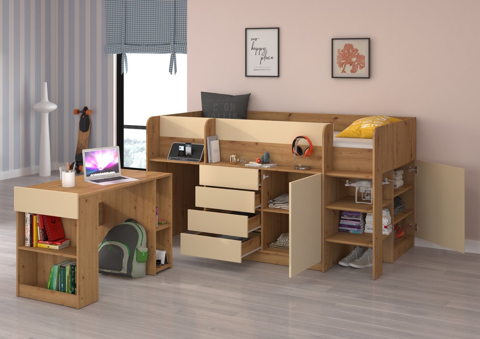 EMI P bunk bed, desk, chest of drawers, mezzanine, Artisan Oak Cream - Image 4