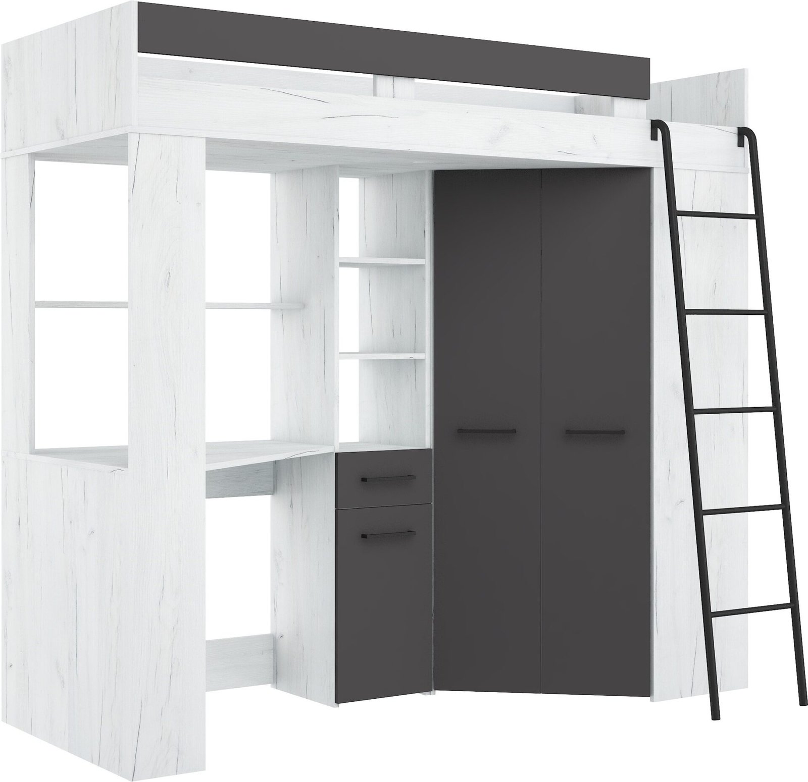 FLO P craft white graphite bunk bed with table, corner wardrobe, mezzanine