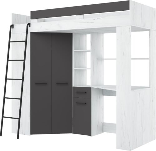Bunk bed with table, corner wardrobe, mezzanine FLO L craft white graphite