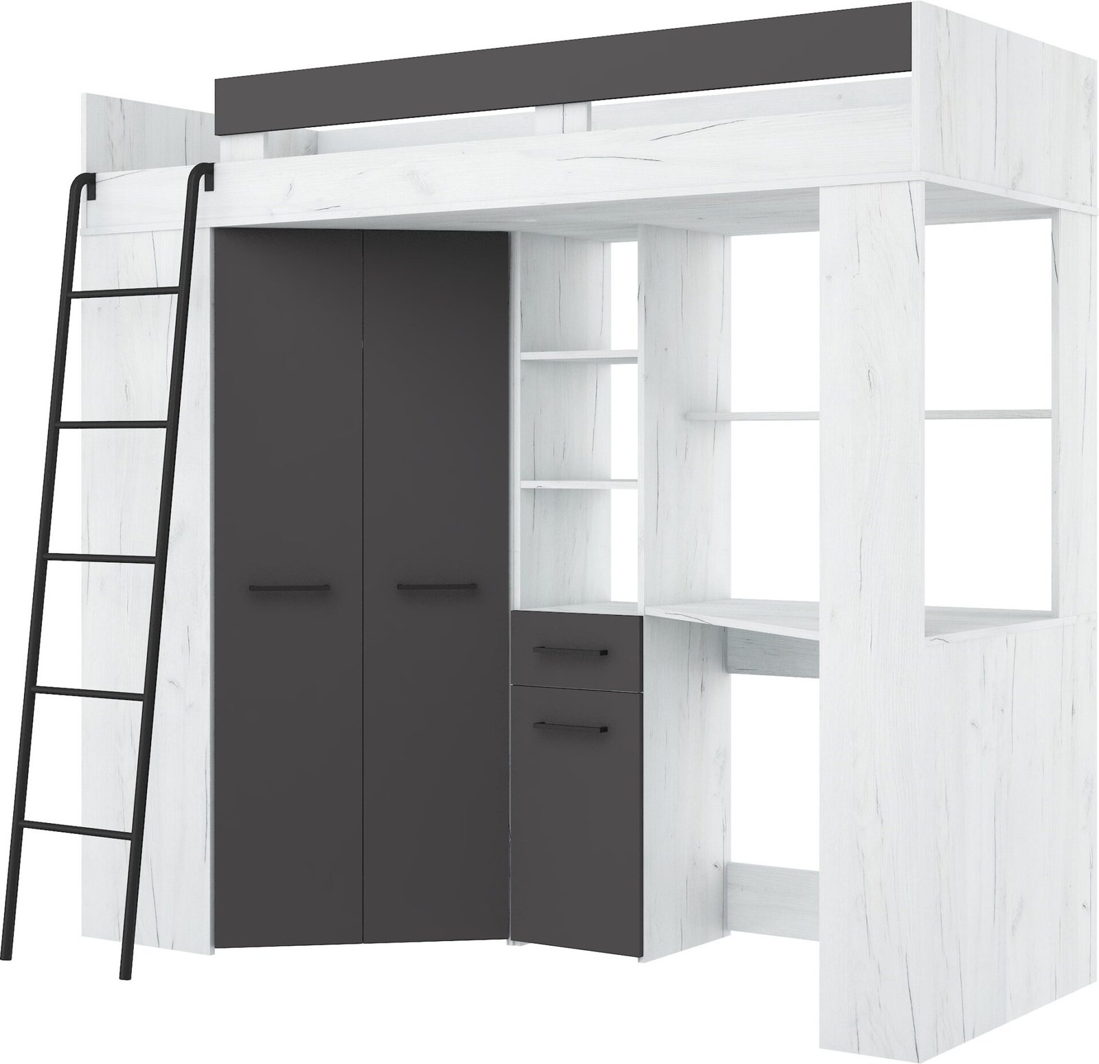 Bunk bed with table, corner wardrobe, mezzanine FLO L craft white graphite