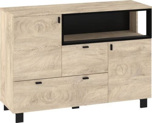 VEGAS 02 furniture, large chest of drawers with doors for the living room, black oak imitation