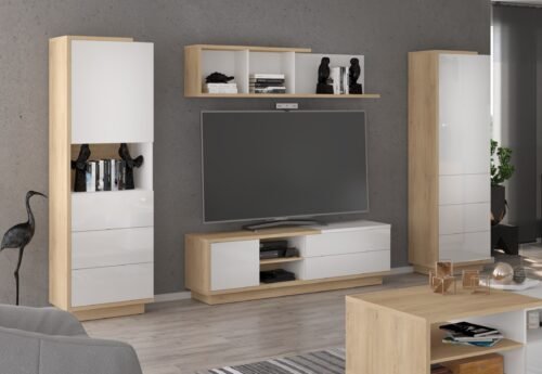 HYBRID furniture #3 wall cabinet, bookshelf, TV cabinet, shelf, Cremona oak, white glossy colorHYBRID