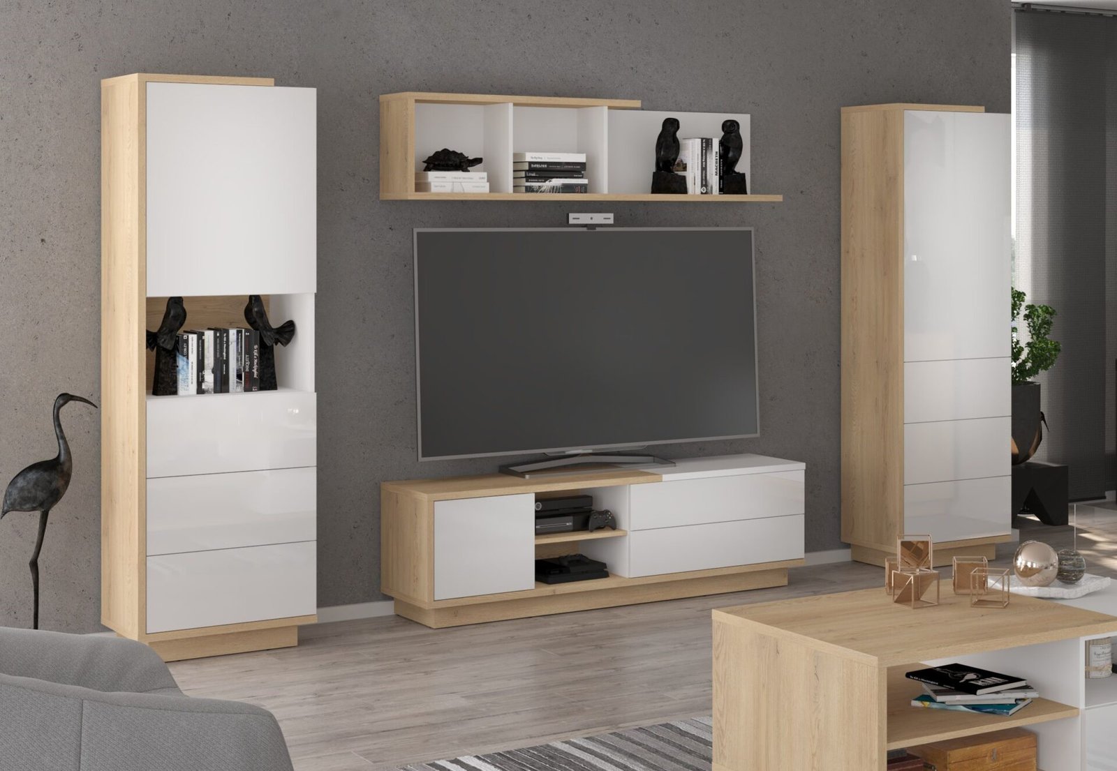 HYBRID furniture #3 wall cabinet, bookshelf, TV cabinet, shelf, Cremona oak, white glossy colorHYBRID