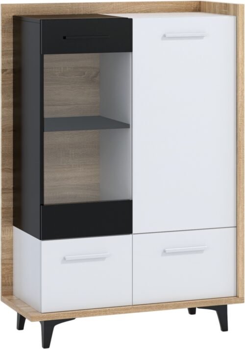 BOX 13 furniture, low living room display cabinet with doors, Sonoma oak, white, black