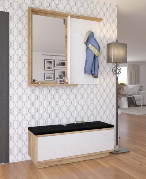 HYBRID furniture No. 5 hallway with mirror, cabinet with seat, oak, golden whiteHYBRID