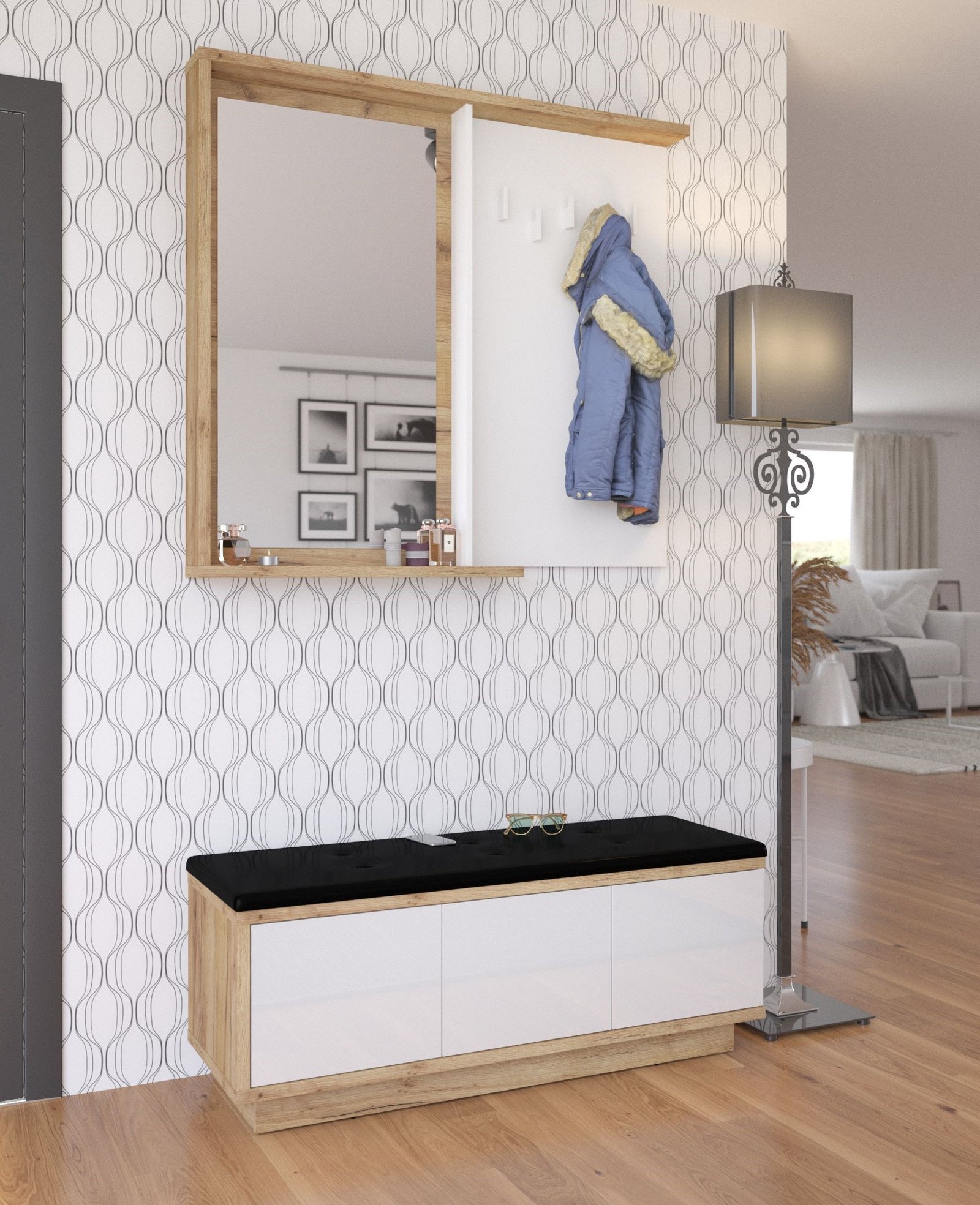 HYBRID furniture No. 5 hallway with mirror, cabinet with seat, oak, golden whiteHYBRID