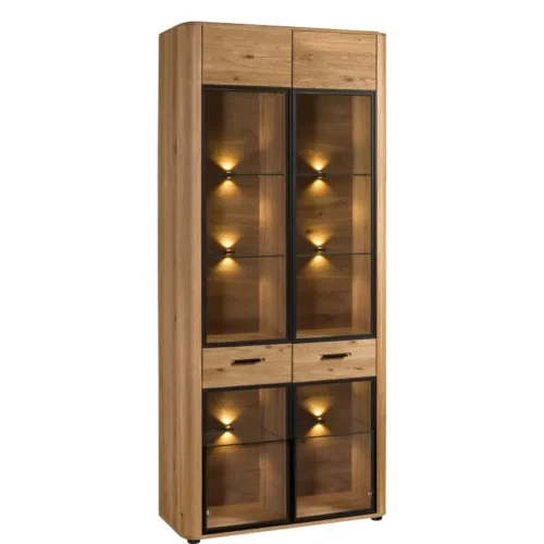 Double-door display case 90 with lighting MONACO- MONA.080.14 100% solid oak 2 x wood + glass doors