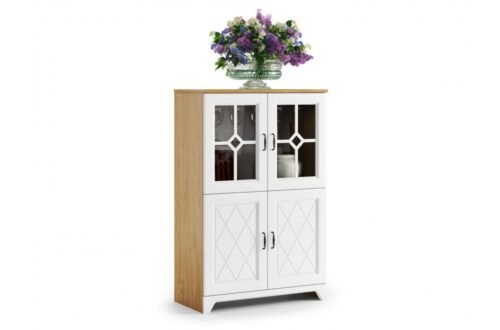 PROVENZA KWND4 low display cabinet, stone oak/matte white – FLOOR CABINET WITH 4 DOORS RETRO CHEST OF DRAWERS