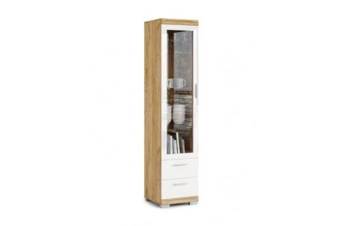 SIMPLE KWD1SZ2 Display cabinet Craft oak, gold/white color, glossy – SHELVING CABINET FOR LIVING ROOM, GLASS