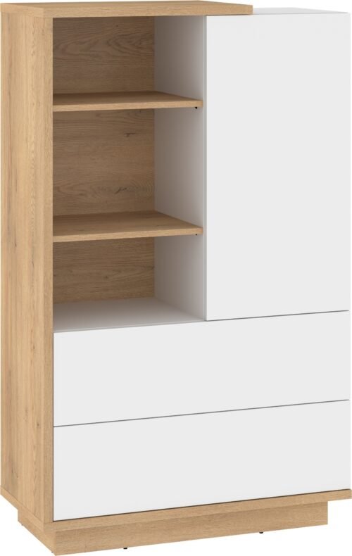 HYBRID 17 low bookcase with drawers and shelves, cremona oak, glossy whiteHYBRID