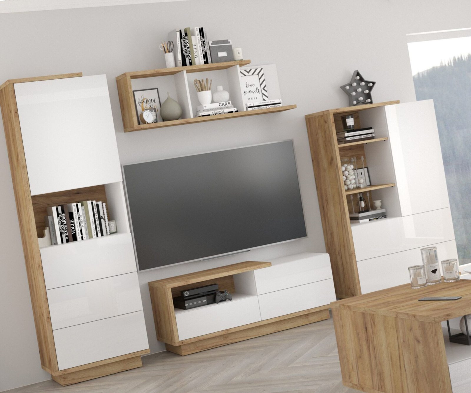HYBRID #1 living room furniture, TV cabinet, shelf, oak products, gold, white glossy colorHYBRID - Image 3