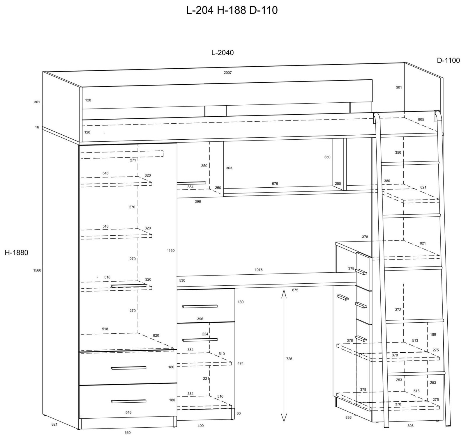 SMYK P mezzanine with desk, wardrobe and chest of drawers, white, almond color - Image 8