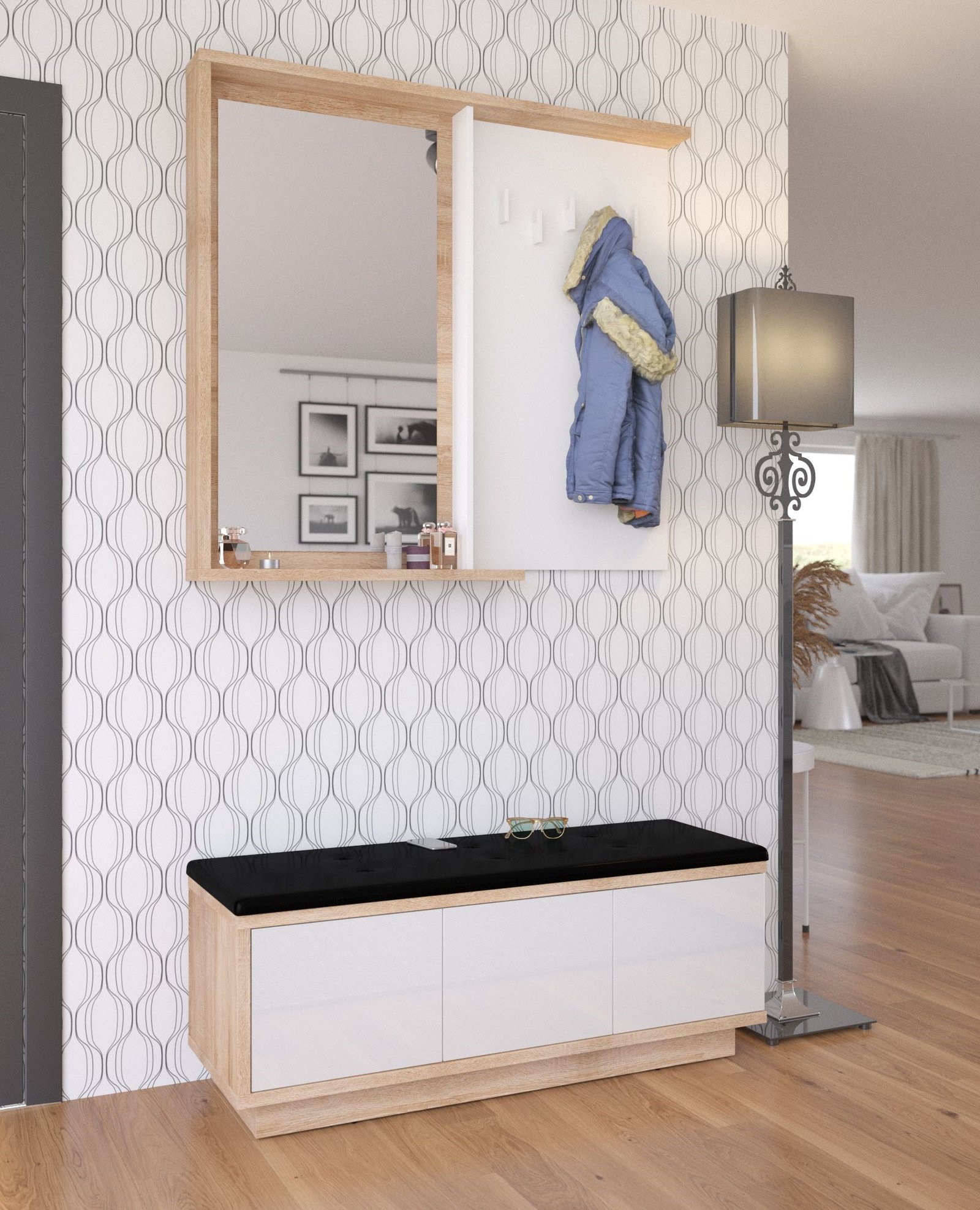 HYBRID furniture #5 hallway with mirror, cabinet with seat, Sonoma oak, whiteHYBRID