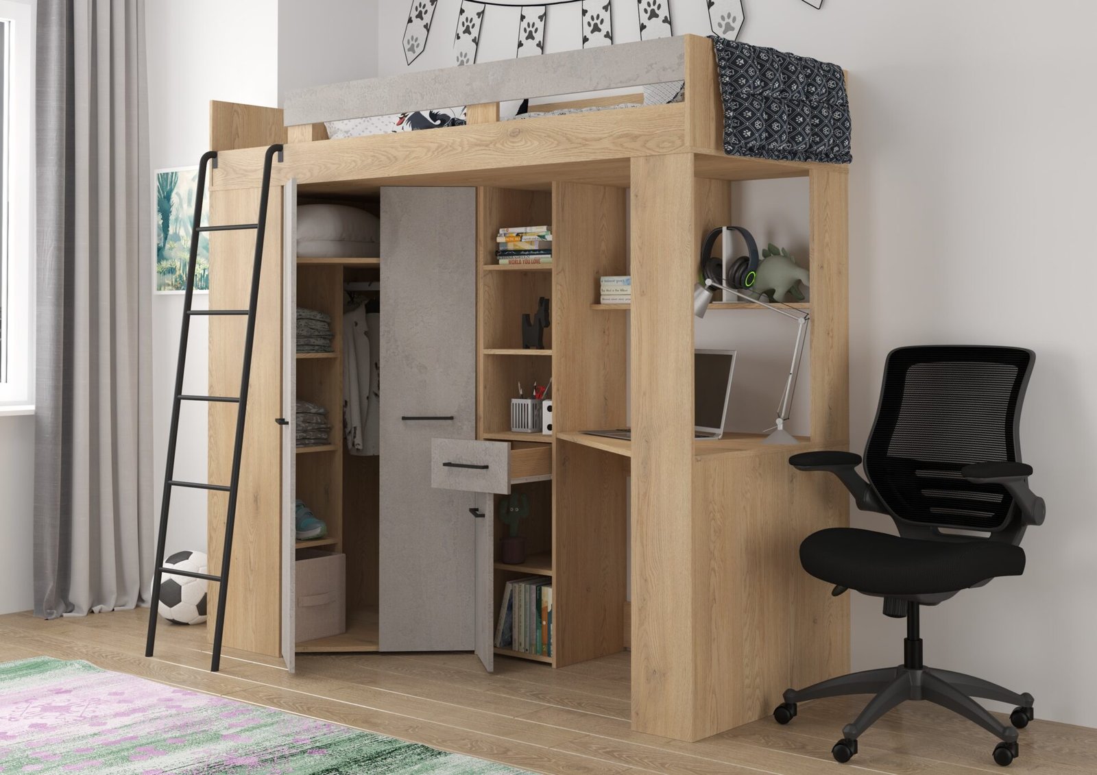 Bunk bed with table, corner wardrobe, mezzanine FLO L, Cremona oak, concrete - Image 5