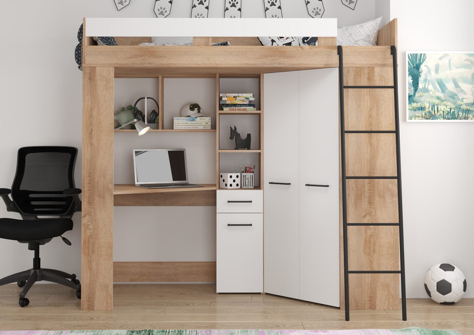 FLO P bunk bed with table, corner wardrobe, mezzanine, Sonoma oak, white - Image 4