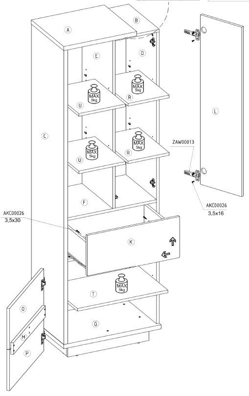 HYBRID 19 furniture, high bookcase with shelves, drawer, door, golden oak color, whiteHYBRID - Image 3