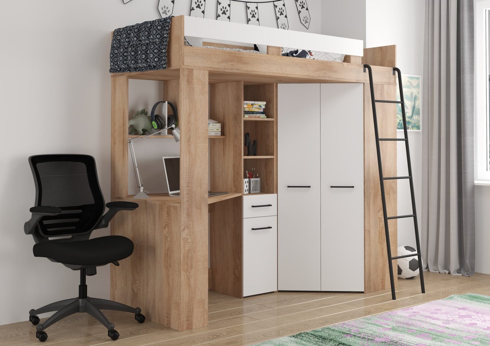 FLO P bunk bed with table, corner wardrobe, mezzanine, Sonoma oak, white - Image 2