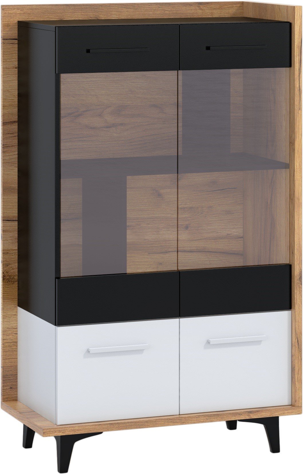 BOX 12 furniture, low living room display cabinet with doors, faux oak color, gold, white, black