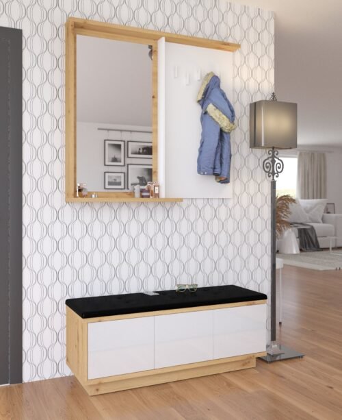 HYBRID #5 hallway furniture with mirror, cabinet with seat, artisan oak, whiteHYBRID