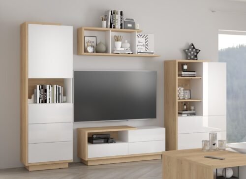 HYBRID #1 living room furniture, TV cabinet, shelf, Cremona oak, white glossy colorHYBRID