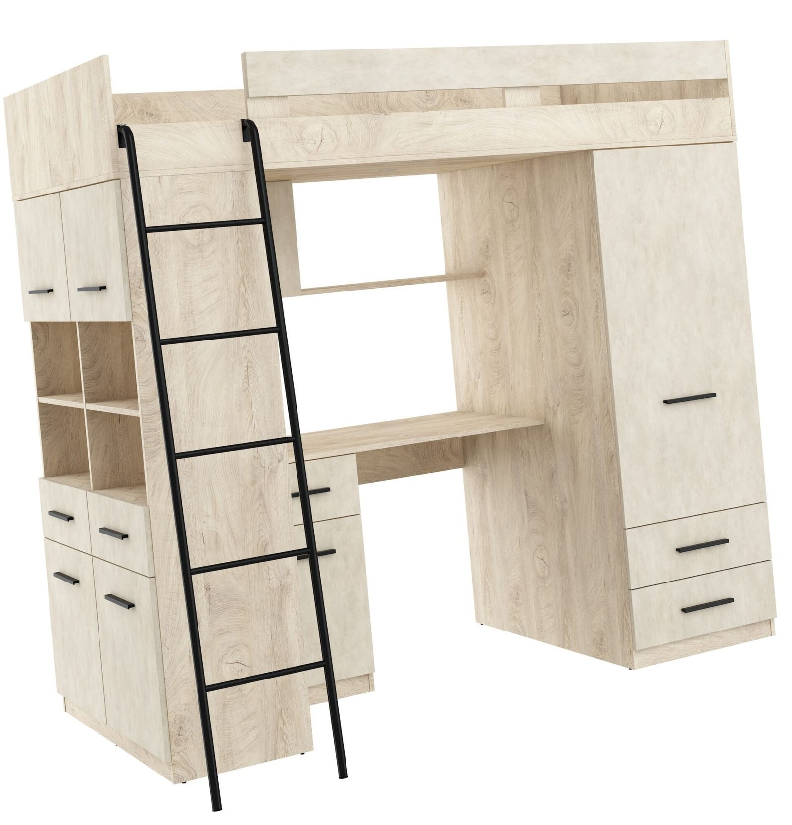 VELVE L mezzanine with table, wardrobe, chest of drawers, engraved oak, almond color - Image 7