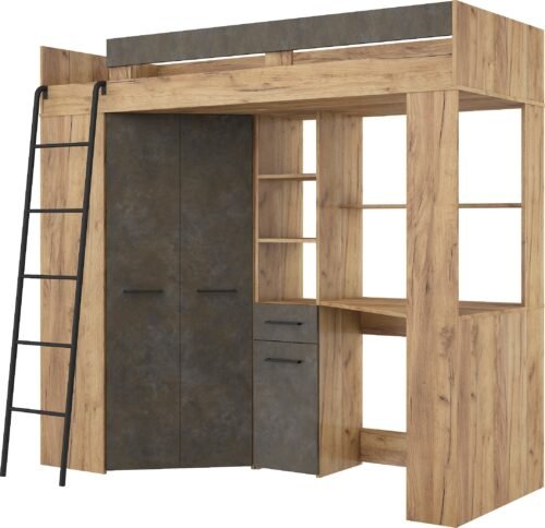 Bunk bed with table, corner wardrobe, mezzanine FLO L craft golden brown