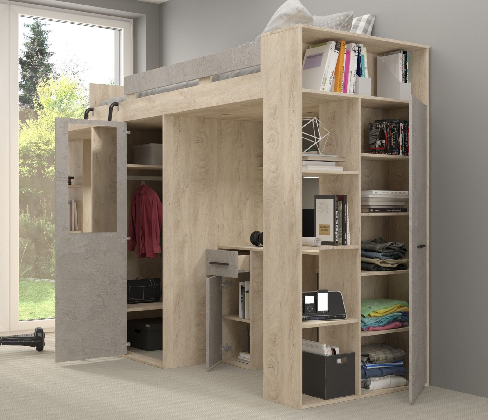 RAVENA L mezzanine with table, wardrobe and chest of drawers, painted oak, concrete - Image 4