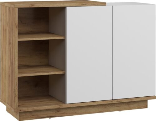 HYBRID 05 furniture, chest of drawers with doors and shelves, oak products, gold, white glossy colorHYBRID