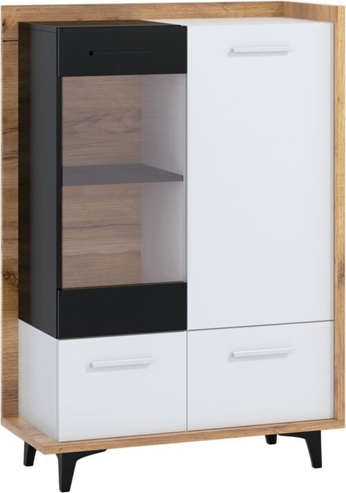 BOX 13 furniture, low living room display cabinet with doors, faux oak color, gold, white, black