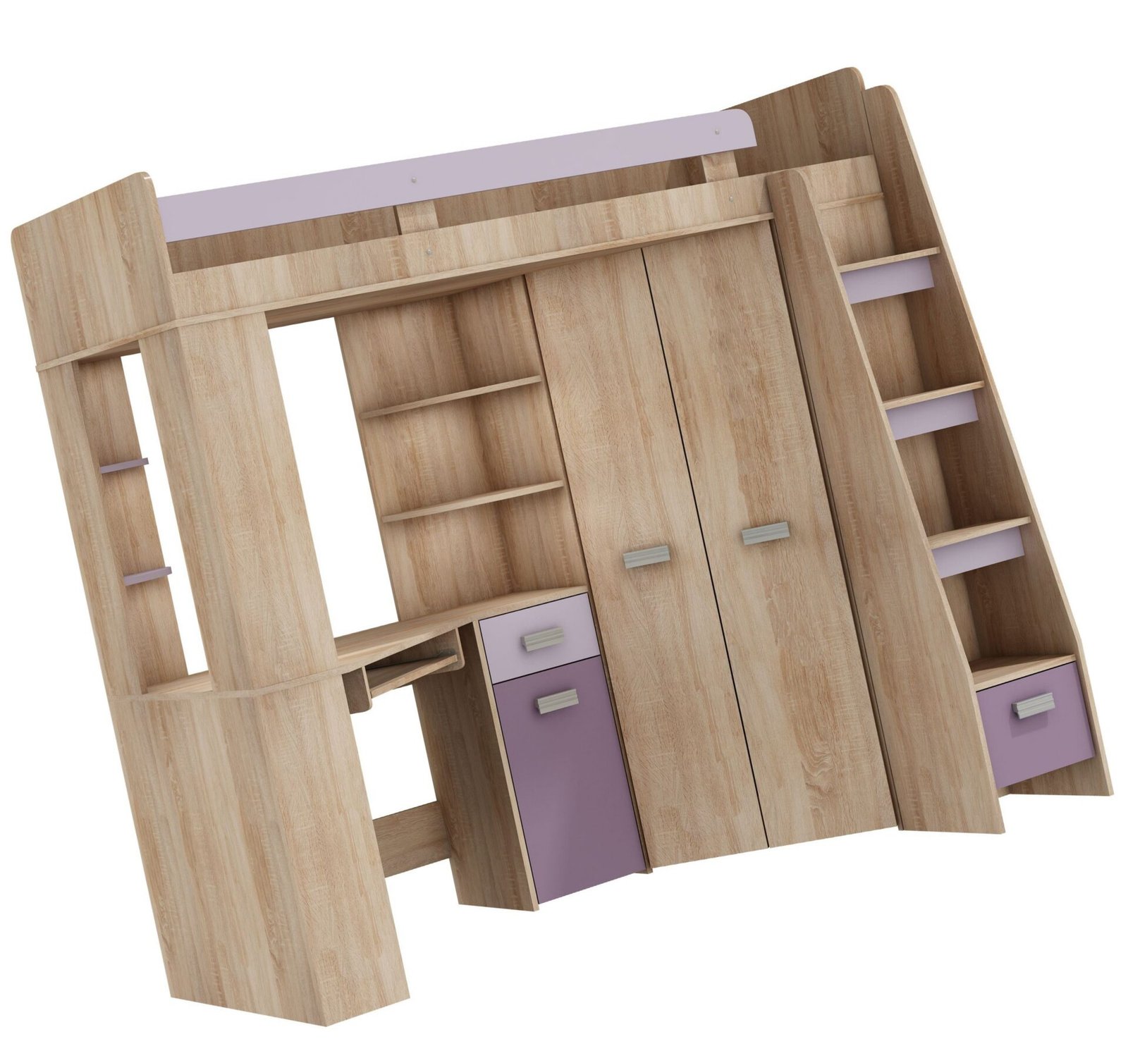 SOLA P bunk bed with table, corner wardrobe, mezzanine, Sonoma oak, purple - Image 6