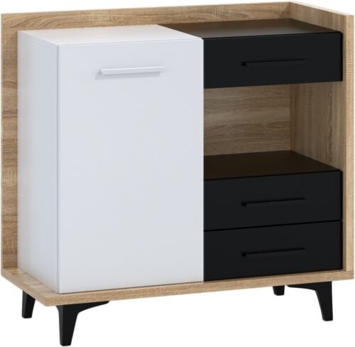 BOX 01 furniture, cabinet, chest of drawers, Sonoma oak, white, black