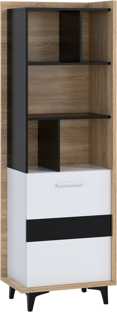 BOX 06 furniture bookcase with shelves and doors, Sonoma oak, white, black