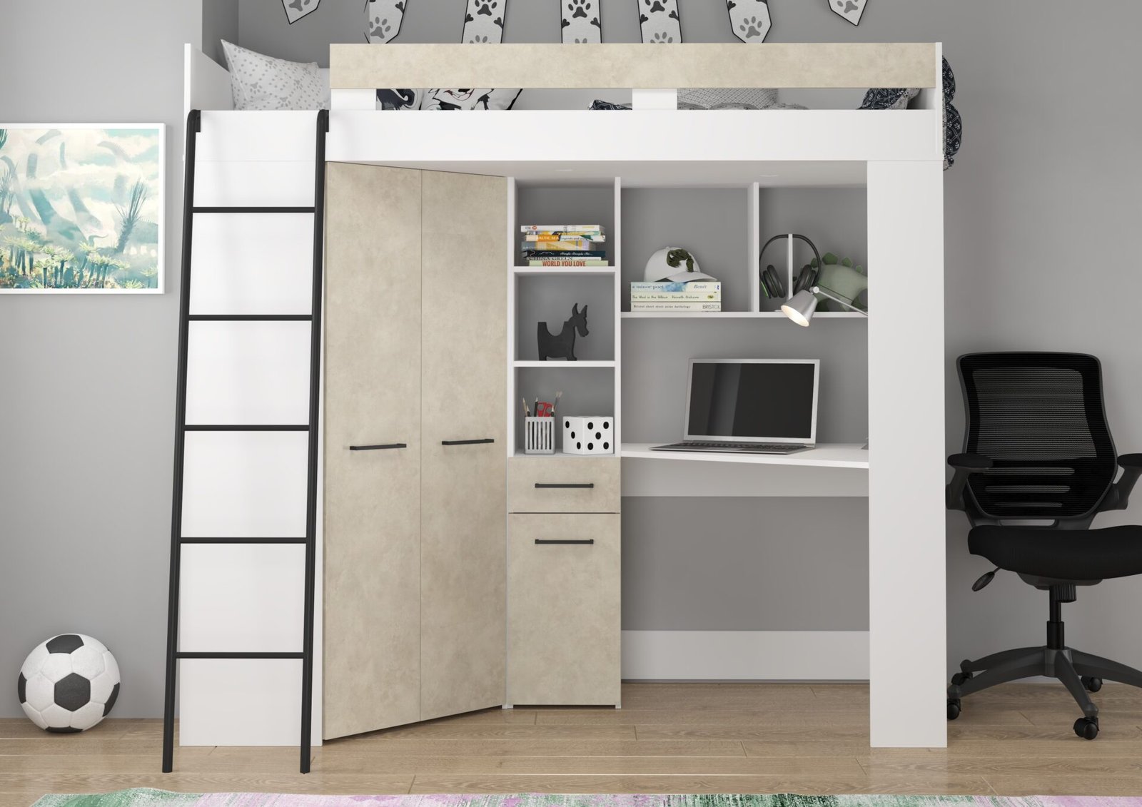 Bunk bed with table, corner wardrobe, mezzanine FLO L, white, almond color - Image 4
